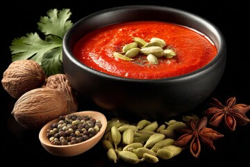 Poster - Freshly prepared red sauce with spices and nuts placed on a dark surface for culinary presentation