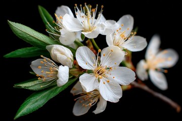 Poster - Blooming cherry blossom branch with delicate white flowers and green leaves in close-up view