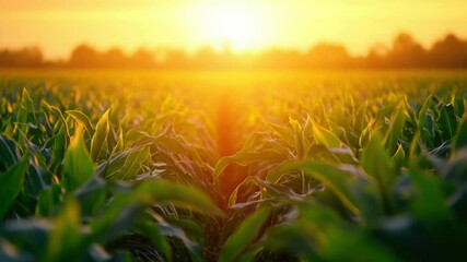 Poster - A golden sunset sets behind a vast cornfield, ideal for rural landscapes or farm-themed projects