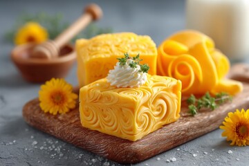 Aufkleber - Deliciously crafted yellow butter with decorative swirls and fresh herbs on a wooden board in a cozy kitchen setting
