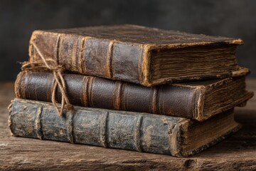 Poster - Historical leather-bound books stacked on a rustic wooden table with a textured dark background