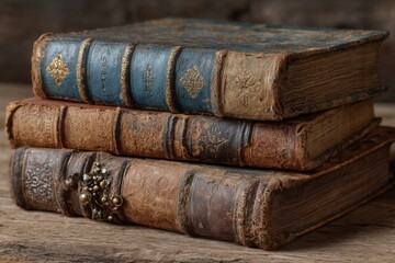 Poster - Old leather-bound books stacked on a rustic wooden table with worn covers and intricate details under soft natural light
