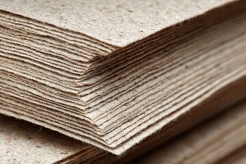 Poster - Close-up view of stacked sheets of handmade paper made from natural fibers in a workshop setting