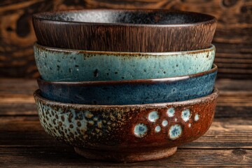Poster - Stacked ceramic bowls showcasing unique glazes and textures on a wooden background in a cozy setting