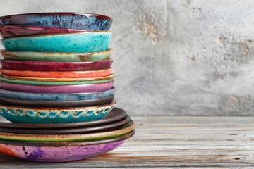 Poster - Colorful stacked bowls showcase artisanal craftsmanship in vibrant hues on a rustic wooden surface