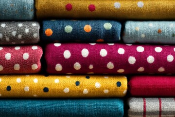 Poster - Colorful polka dot fabrics neatly stacked in a craft store during daylight