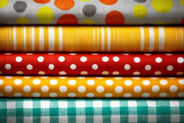 Poster - Vibrant collection of patterned fabric stacked in a display during a craft fair