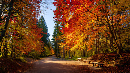  An enchanting path winds through the autumn forest, showcasing vibrant fall foliage and the serene beauty of nature