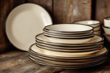 Poster - Set of stacked dinner plates on a rustic wooden table in a cozy dining area showcasing simplicity and elegance