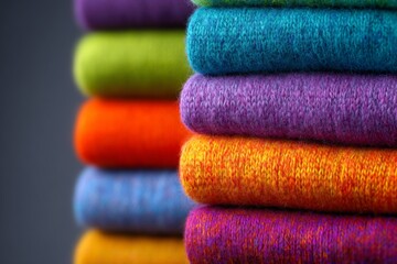 Aufkleber - Colorful stacks of knitted fabrics showcasing a vibrant array of textures in a cozy setting during daylight