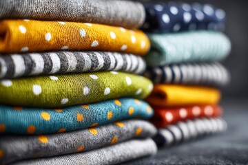 Aufkleber - Colorful folded socks in various patterns and hues arranged neatly on a surface