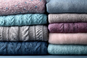 Poster - Cozy collection of knitted sweaters in soft colors stacked on a shelf for autumn fashion inspiration