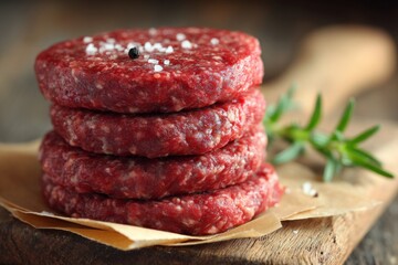 Poster - Freshly prepared beef patties stacked on a wooden board with herbs and spices on a rustic kitchen background