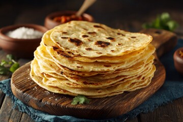 Poster - Tasty stacked tortillas ready for a feast featuring traditional ingredients on a wooden surface