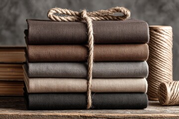 Aufkleber - Fabric bundles arranged neatly on wooden surface with twine detail under soft light in a rustic setting
