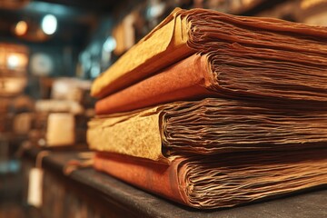 Poster - Old books stacked in a cozy library displaying rich textures and warm tones during evening light