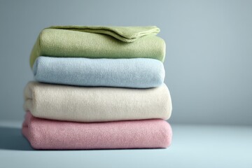 Aufkleber - Cozy knitted blankets stacked neatly in soft pastel colors against a calm blue background