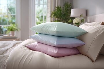 Poster - Colorful pillows arranged on a neatly made bed in a cozy, sunlit bedroom with plants in the background