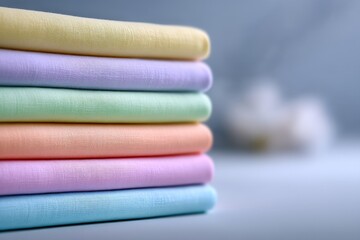 Aufkleber - Colorful stack of soft fabric linens arranged neatly on a table in a well-lit room
