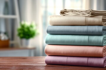Poster - Soft and colorful rolled towels neatly stacked on a wooden table in a bright room with a green plant in the background