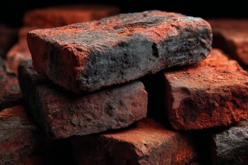Poster - Bricks stacked in artistic arrangement showcasing texture and color contrast in a dimly lit environment