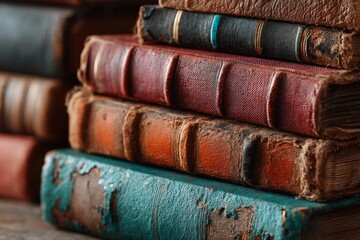 Poster - Collection of vintage leather-bound books stacked on a wooden surface in a cozy reading nook during the afternoon light