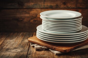 Aufkleber - Stacked white plates on a wooden board against a rustic background in a cozy dining setting