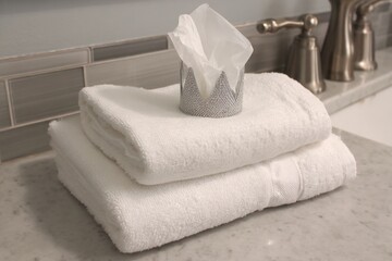 Poster - Fresh white towels and tissue box elegantly arranged on bathroom counter by modern sink
