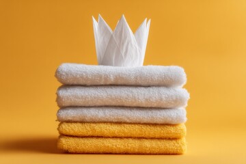 Poster - Stacked towels and a decorative tissue crown on a vibrant yellow background for a cheerful home setting