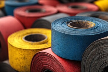 Poster - Rolls of vibrant colored tape stacked together in various shades at an artist's workshop during daylight hours