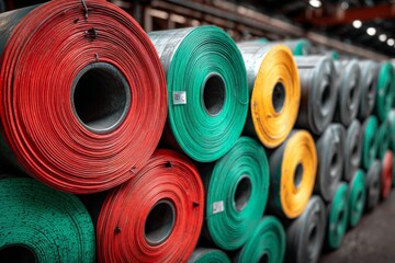 Poster - Colorful rolls of rubber material stacked in a warehouse at a manufacturing facility