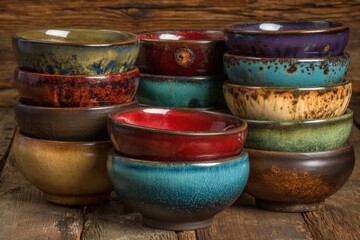 Aufkleber - Colorful ceramic bowls stacked on rustic wooden surface showcasing artisan craftsmanship and vibrant glazes