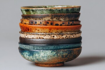 Poster - Stacked ceramic bowls showcasing various earthy colors and textures in a simple arrangement on a neutral background
