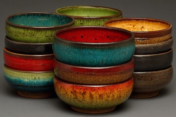 Aufkleber - Colorful handcrafted ceramic bowls stacked in an artistic arrangement on a neutral background
