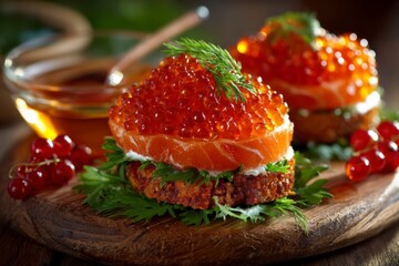 Aufkleber - Delightful salmon tartare garnished with vibrant caviar, presented on a rustic wooden board