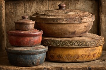 Poster - Vintage handcrafted pottery stacked on rustic wooden shelf in warm lighting