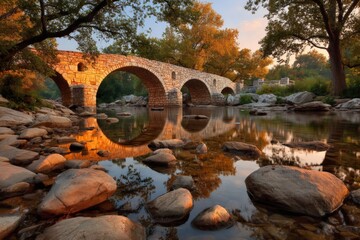 Aufkleber - Serene stone bridge over calm river surrounded by trees at sunset in a picturesque natural setting