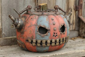 Poster - Creative steampunk pumpkin sculpture with mechanical features on wooden surface outdoors