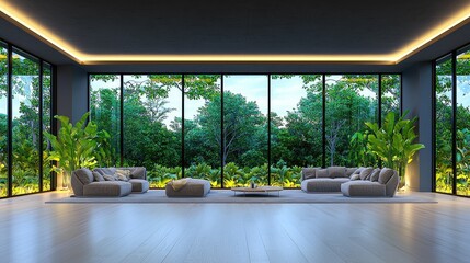 Poster - Modern living room showcases nature through large picture windows