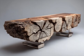 Poster - Unique wooden furniture piece designed with natural textures and modern metallic supports in a minimalist setting