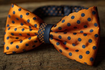 Poster - Bright orange polka dot bow tie on a rustic wooden surface showcasing vibrant fabric texture and design details