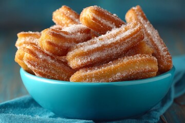 Poster - Delicious churros served in a turquoise bowl with sugar on top, perfect for dessert lovers at any time