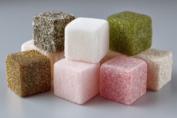 Poster - Colorful sugar cubes arranged creatively on a gray background display sweetness and texture