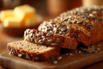 Poster - Freshly sliced bread topped with seeds served with butter on a wooden cutting board