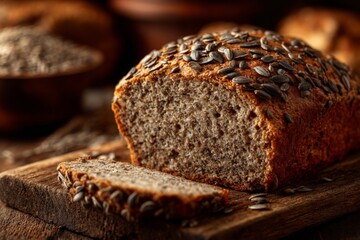 Poster - Freshly baked bread with sunflower seeds on a rustic wooden table in a cozy kitchen setting