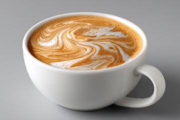 Poster - Richly swirled coffee with cream in a white cup on a neutral background showcasing delightful latte art
