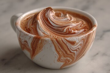 Poster - Deliciously crafted hot chocolate with swirls of cream in a white mug on a marble countertop