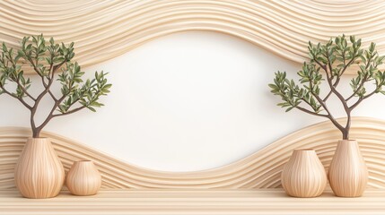 Poster - Plants in wooden vases frame a minimalist wall design