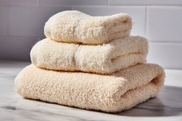 Poster - Soft and plush towels stacked neatly on a marble surface in a bright bathroom setting