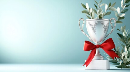 Poster - Silver trophy with red bow and green leafy accents